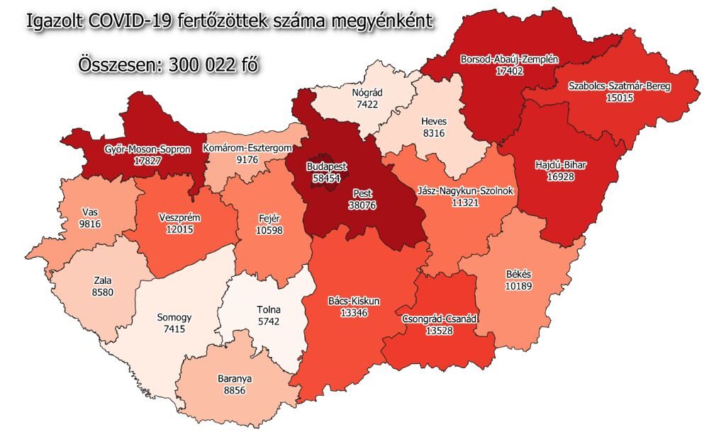 Koronavírus fertőzöttek megyénként, 2020.12.19.