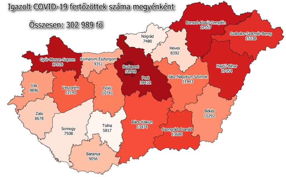 Koronavírus fertőzöttek megyénként, 2020.12.20.