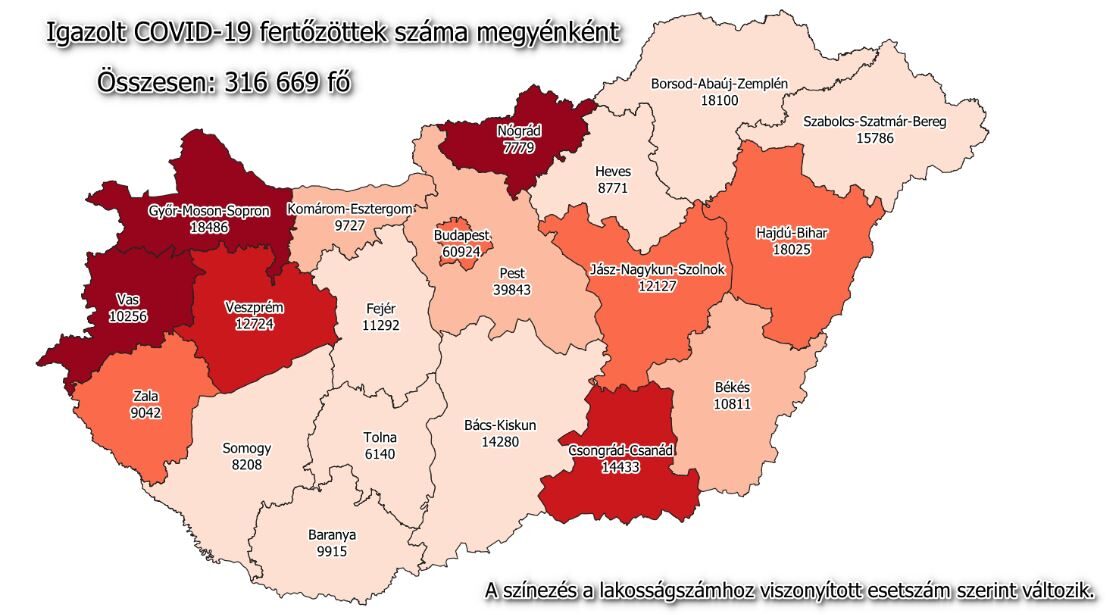 Koronavírus fertőzöttek megyénként, 2020.12.28.