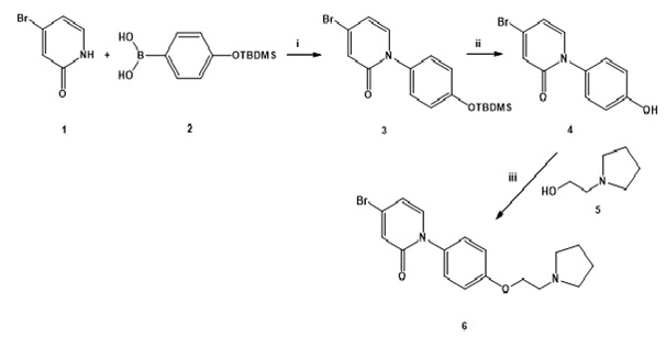 1. ábra A prekurzor szintézise 4-bromo-1-[4-(2-pirrolidin-1-yl-etoxi)-fenil]-1H-pyridin-2-one (BrPEPP) szintézise