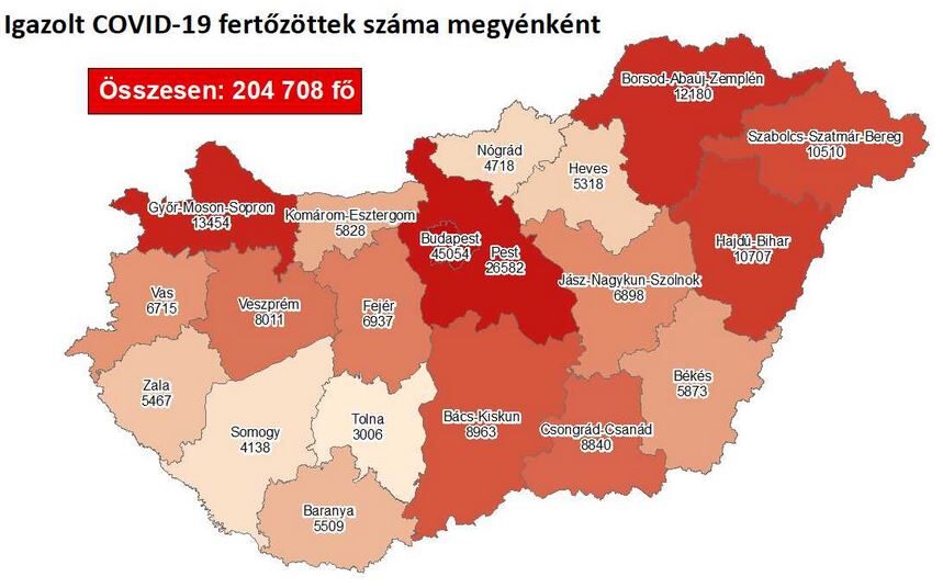 Koronavírus fertőzöttek megyénként, 2020.11.28.