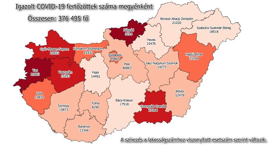 Koronavírus esetszám megyénként, 2021 február 7.