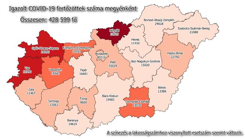 Koronavírus fertőzöttek száma Magyarországon, 2021. február 28.