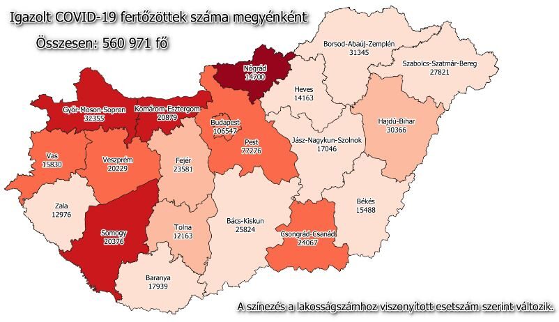 Koronavírus fertőzöttek megyénként, 2021.03.20.