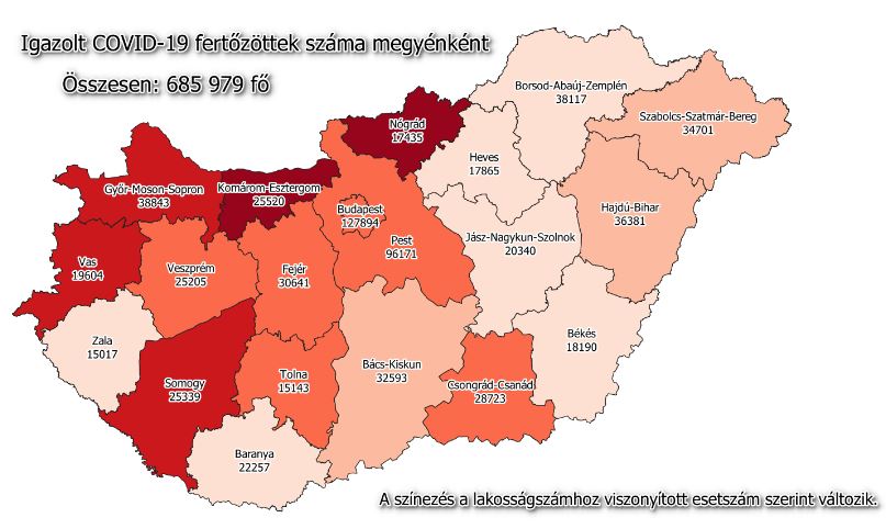 Koronavírus fertőzöttek megyénként, 2021.04.04.