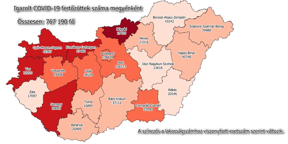 Koronavírus fertőzöttek megyénként, 2021.04.24.