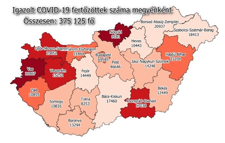 Koronavírus esetszám megyénként, 2021 február 6.