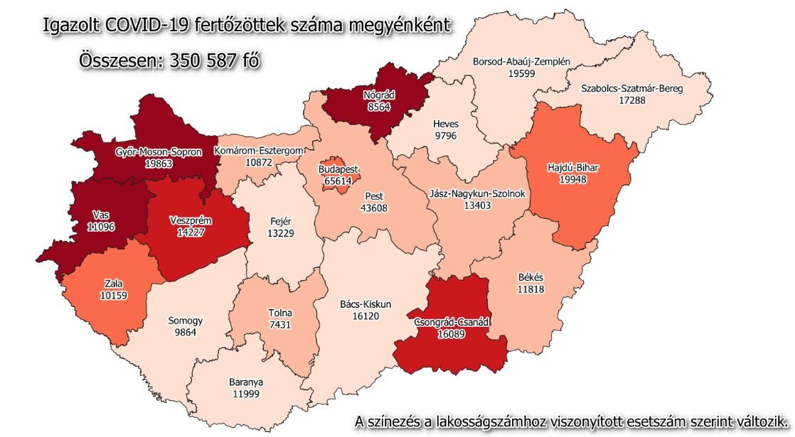 Koronavírus fertőzöttek megyénként, 2021.01.16.