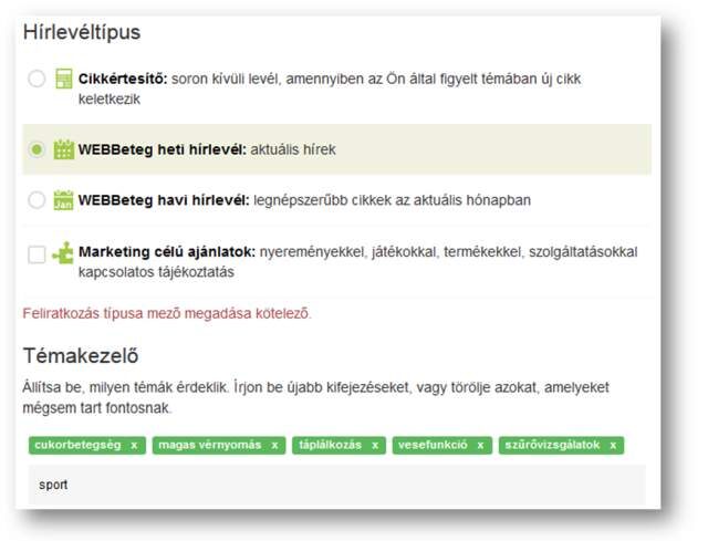 WEBBeteg hírlevél profil