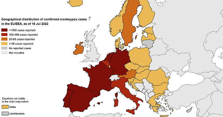 Majomhimlő fertőzöttek száma Európában, 2022 július 18-án
