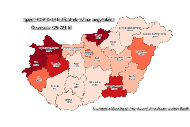 Koronavírus fertőzöttek megyénként, 2021.01.05.