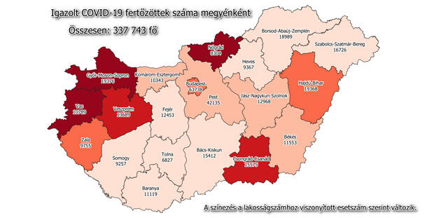 Koronavírus fertőzöttek megyénként, 2021.01.08.