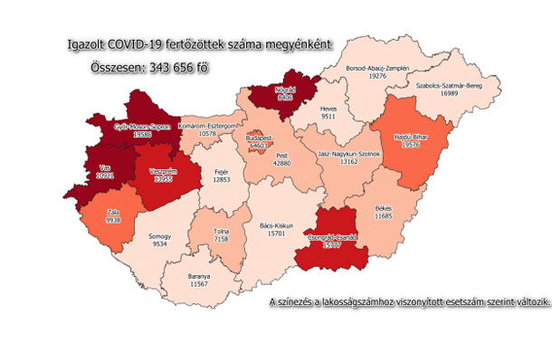 Koronavírus fertőzöttek megyénként, 2021.01.11.