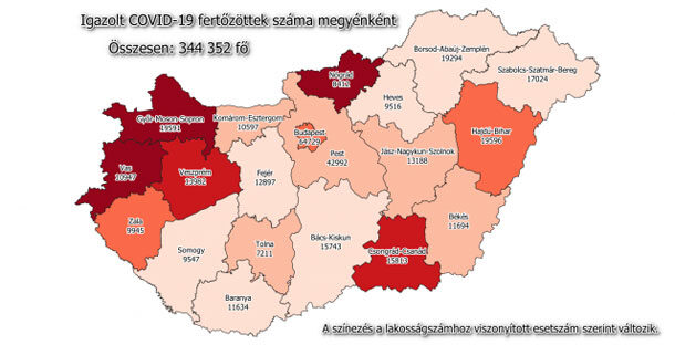 Koronavírus fertőzöttek megyénként, 2021.01.12.