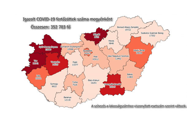 Koronavírus fertőzöttek megyénként, 2021.01.18.