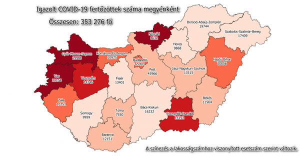 Koronavírus fertőzöttek megyénként, 2021.01.19.