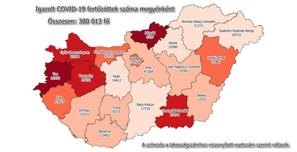 Koronavírus fertőzöttek megyénként, 2021.02.10.