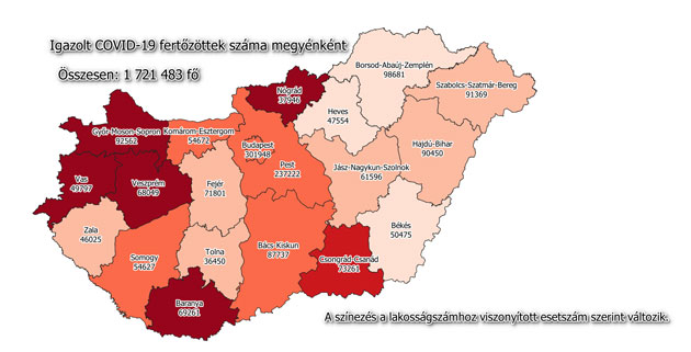 Igazolt fertőzöttek száma megyénként, 2022.02.15.