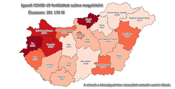 Koronavírus fertőzöttek megyénként, 2021.02.17.