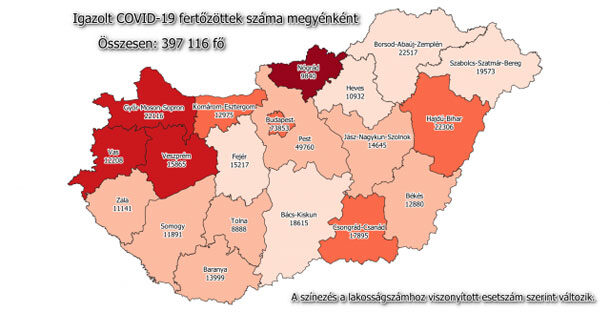 Koronavírus fertőzöttek megyénként, 2021.02.19.