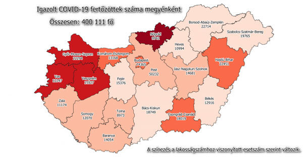 Koronavírus fertőzöttek megyénként, 2021.02.20.