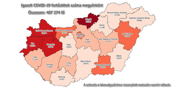 Koronavírus fertőzöttek megyénként, 2021.02.23.