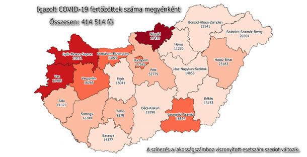 Koronavírus fertőzöttek megyénként, 2021.02.25.