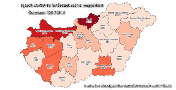 Koronavírus fertőzöttek megyénként, 2021.03.08.