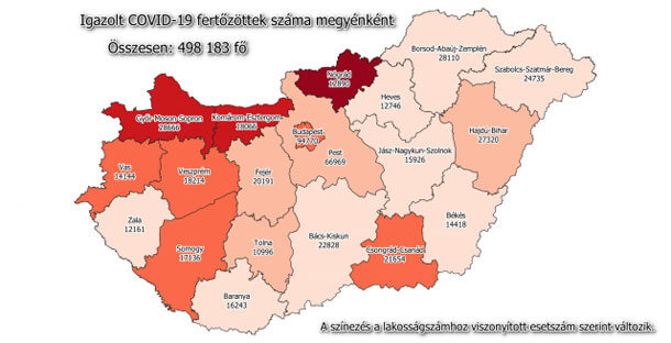 Koronavírus fertőzöttek megyénként, 2021.03.12.