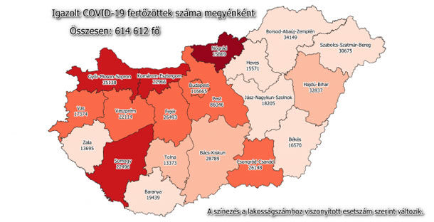 Koronavírus fertőzöttek megyénként, 2021.03.26.