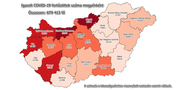 Koronavírus fertőzöttek megyénként, 2021.04.03.