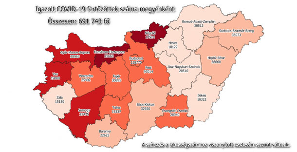 Koronavírus fertőzöttek megyénként, 2021.04.06.