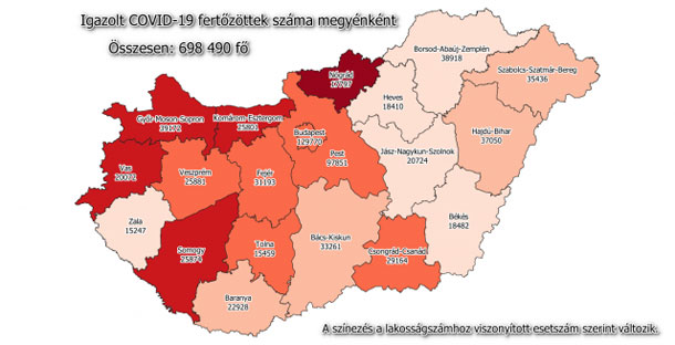 Koronavírus fertőzöttek megyénként, 2021.04.08.