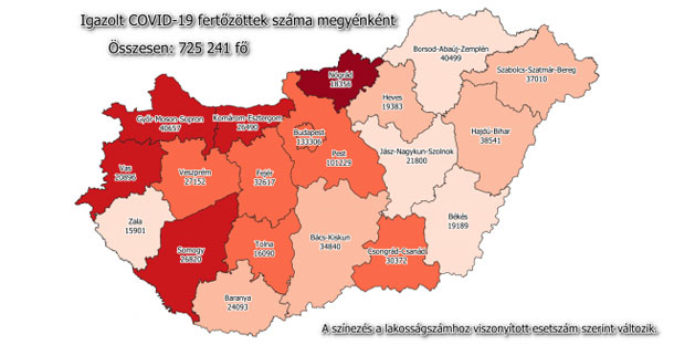 Koronavírus fertőzöttek megyénként, 2021.04.12.