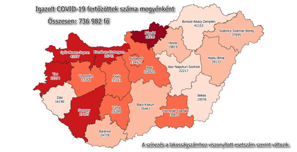 Koronavírus fertőzöttek megyénként, 2021.04.15.