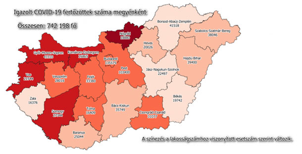 Koronavírus fertőzöttek megyénként, 2021.04.16.