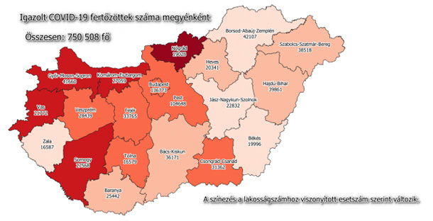 Koronavírus fertőzöttek megyénként, 2021.04.18.