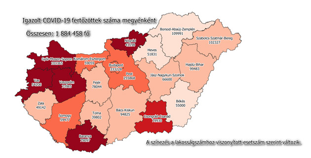 Igazolt fertőzöttek megyénként, 2022.04.19.