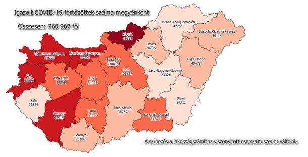 Koronavírus fertőzöttek megyénként, 2021.04.22.