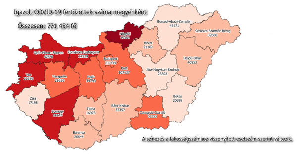 Koronavírus fertőzöttek megyénként, 2021.04.26.