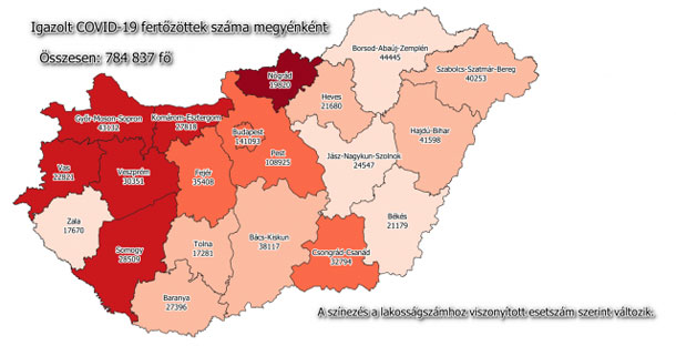 Koronavírus fertőzöttek megyénként, 2021.05.04.