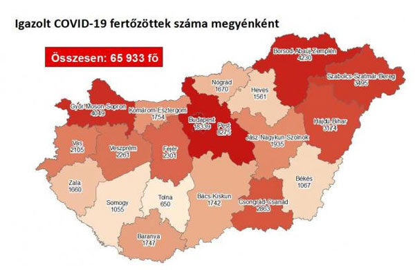 Koronavírus fertőzöttek Magyarországon, megyei bontásban, 2020. 10. 28.
