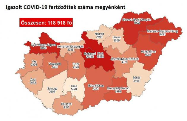 Koronavírus fertőzöttek megyénként, 2020.11.10.