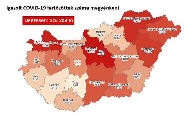 Koronavírus fertőzöttek megyénként, 2020.12.02.