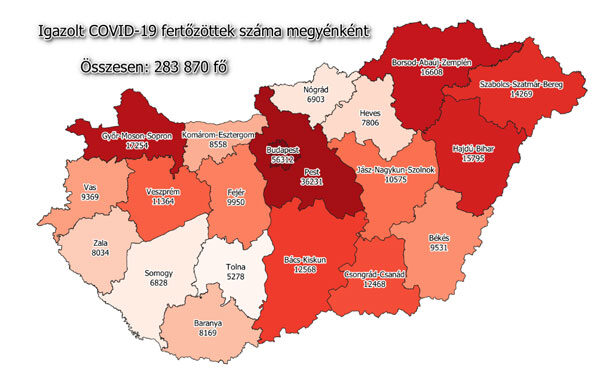 Koronavírus fertőzöttek megyénként, 2020.12.14.