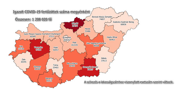 Igazolt Covid-fertőzöttek megyénként, 2021.12.15.