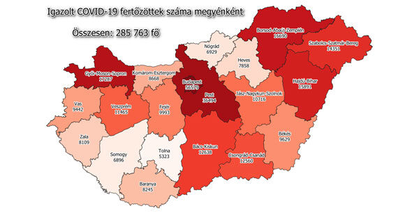 Koronavírus fertőzöttek megyénként, 2020.12.15.