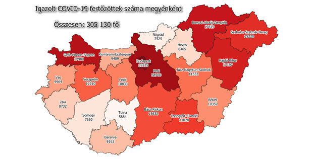 Koronavírus fertőzöttek megyénként, 2020.12.21.