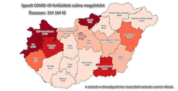 Koronavírus fertőzöttek megyénként, 2020.12.25.