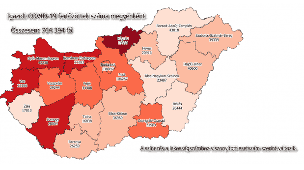 Koronavírus esetszám megyénként, 2021. április 23.